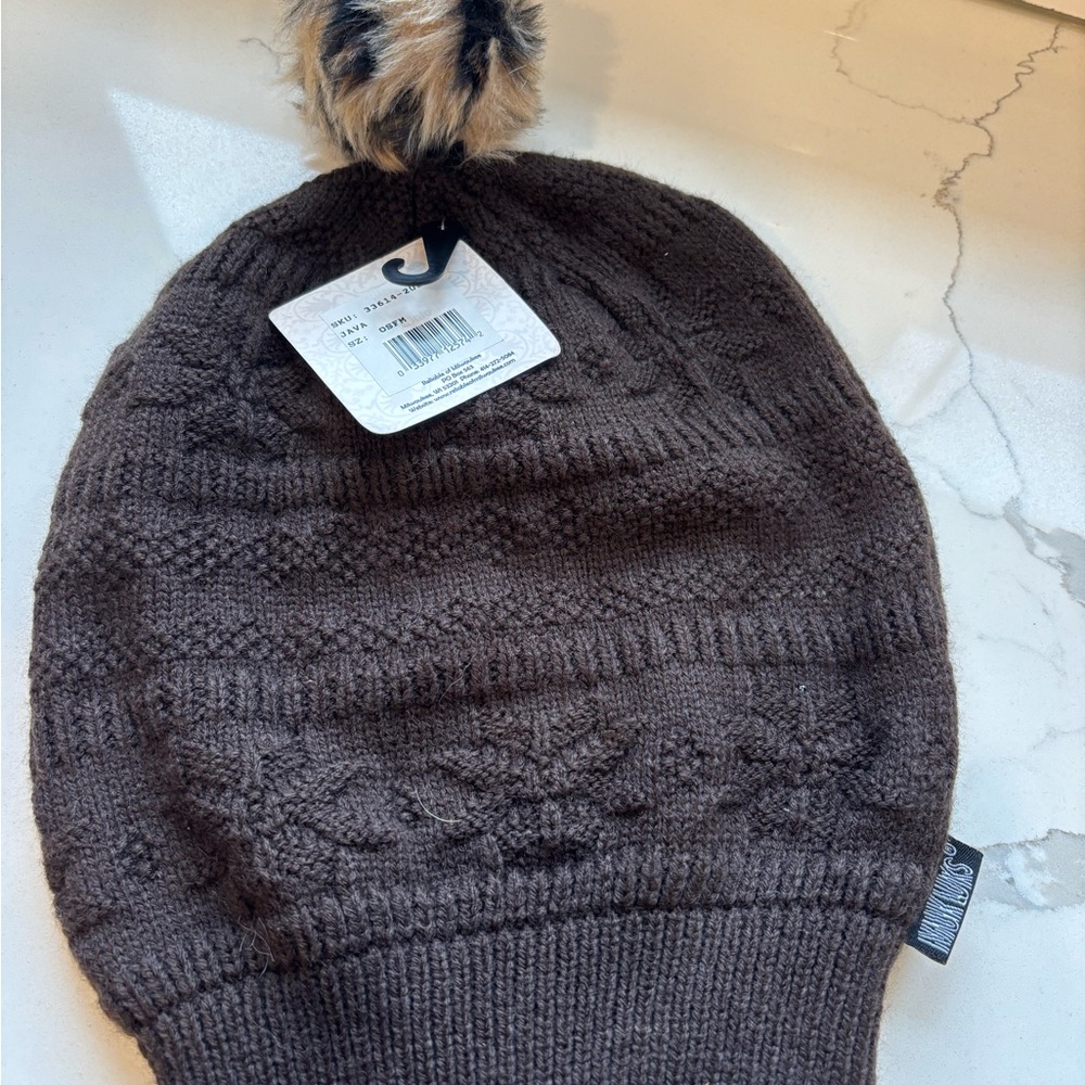 Brown Muk Luks leopard Knit Beanie with Pom Pom hat
